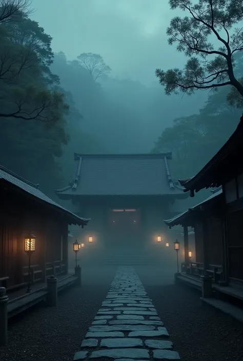 Sanctuaire japonais sombre . Dans la brume . Il fait nuit 