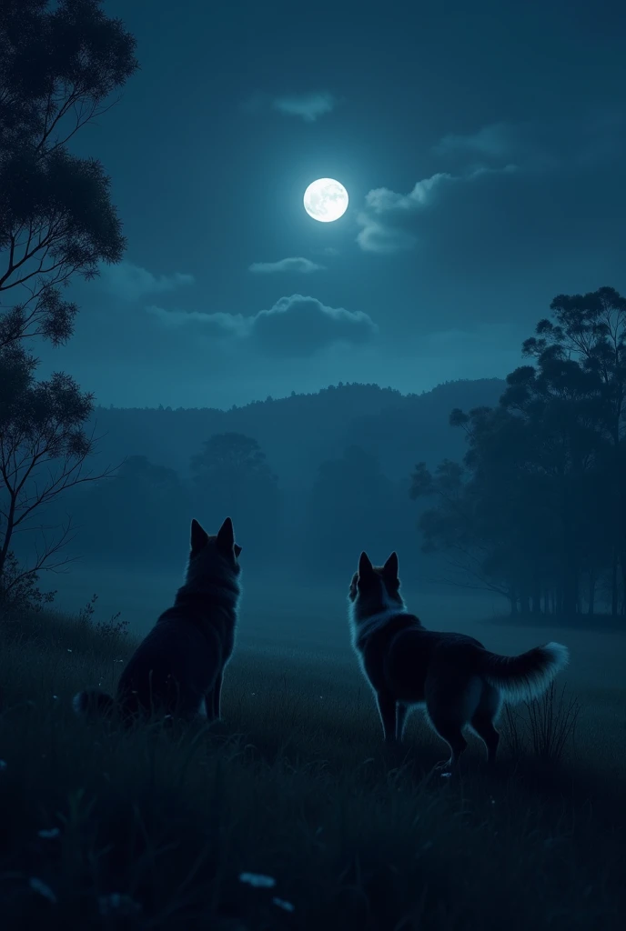  Draw me a naturalistic landscape , It should be night and already relatively dark , in der Natur,  and two Australian Shepherds should be seen at a long distance,  looking at the moon .  They should only be vaguely visible 