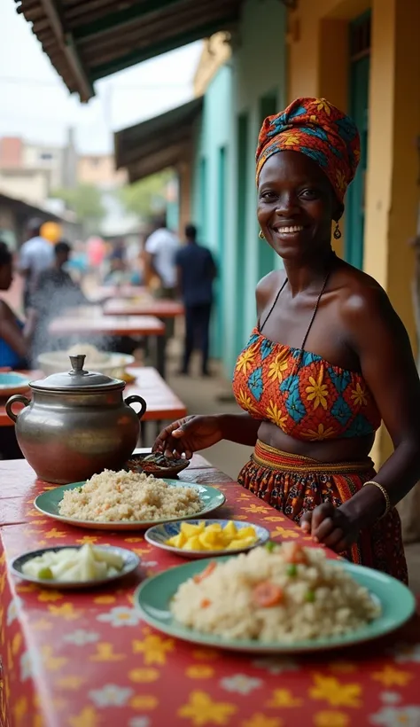 A small outdoor restaurant in a bustling neighborhood of Cotonou, with simple wooden tables, colorful tablecloths, and traditional Beninese dishes. Mama Lissou, a woman in her forties with a traditional loincloth and colorful headscarf, serves customers wi...