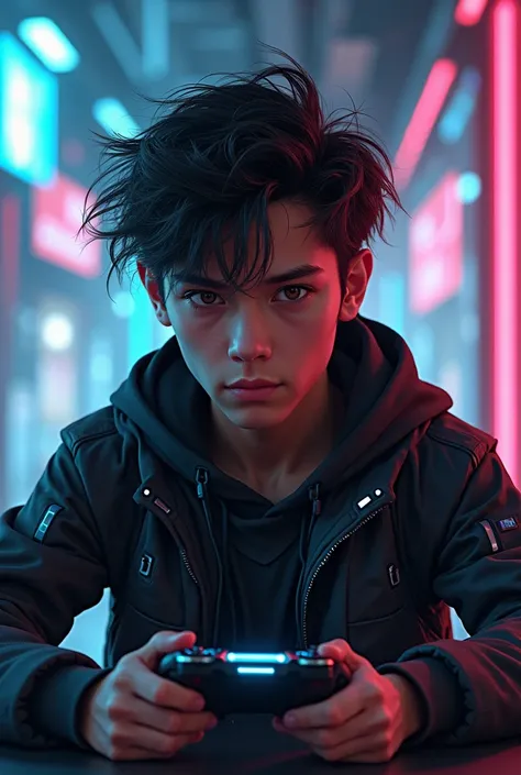 20-year-old brown-skinned gamer boy similar to cyberpunk