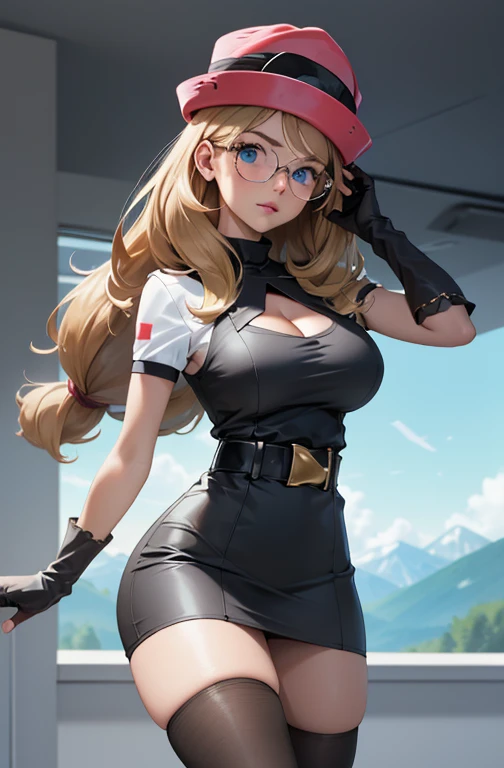 ((corps entier 5.5, plan large 2.5)), ((sexy)), SFW((sexy)), SFW,((legs spread))(masterpiece, best quality:1.4), absurdres, highres, ultra detailed, beautiful, 1girl, (perfect face, detailed face, beautiful:1.3), (blue eyes, glasses, golden hair, bangs, ha...