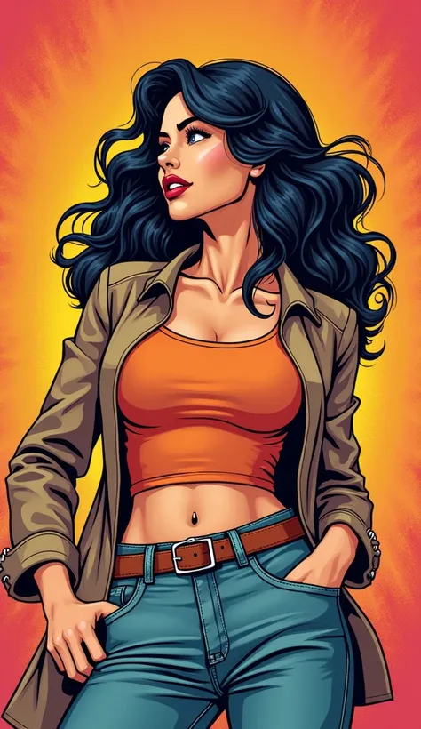 DISCREET image. with discreet casual clothes. image adult woman, american, comic book style. DISTRACTED. with a discreet smile. She is a Libra sign, IMAGES WITH VIBRANT COLORS.