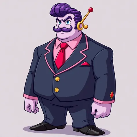 full view from haltmann, face view, purple hair, purple mustache, arms, wearing a dark blue suit with pink vertical lining, pink shirt, red tie, black shoes, gold suit button with a red diamond, pale purple gloves, pink cuffs, pale purple skin, blue eyes, ...