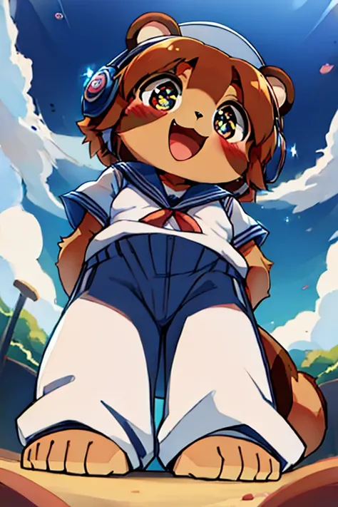 girl, tanuki, furry, bodyfur, tail, school uniform, sailor suit, short sleeves, jersey pants, long pants, white gloves, barefoot, chibi, sparkling eyes, happy, full body, headphones, looking below, from below