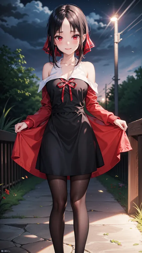  masterpiece , ultra detail,  lyrics, 8k pixels, blush, bright eyes, standing, outdoors, smile, (Evening:1.5),  slim body,   narrow waist ,  Large breasts ,your bramble, long hair,  black hair, red eyes,  bare shoulder , red sweater dress , pantyhose, earr...