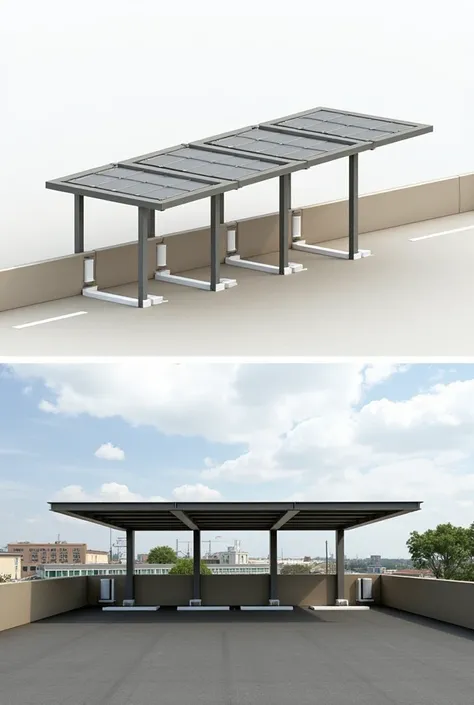 Parking cover tensile structure 
8 square steel tubes on a wall 
Sloped panel roof 
6 parking spaces 