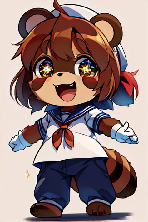 girl, tanuki, furry, bodyfur, tail, school uniform, sailor suit, short sleeves, jersey pants, long pants, white gloves, barefoot, chibi, sparkling eyes, happy, full body, looking below, from below