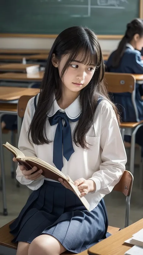 Imagine a charming illustration in the style of Loundraw, Depicts a beautiful schoolgirl. The chest looks wider from the wide open collar、She is wearing a classic school uniform, With a fitted skirt and a perfectly lined shirt. Her long black hair, With so...