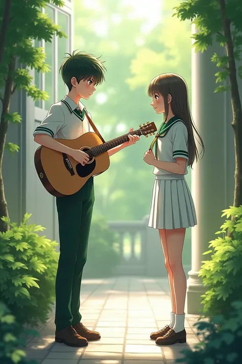 a boy playing guitar while starring passionately at a girl whos secretly listening. Both are wearing a white school uniform with a touch of green