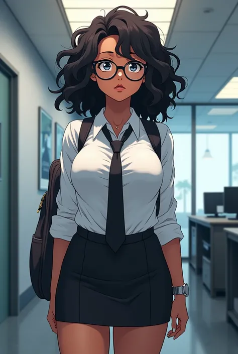  in anime style . a black girl, with curly black hair ,  woman,  she wears large reading glasses ,  She wears a white dress shirt ,  a black tie and a short black skirt ,  she has a V-neck and has huge tits ,  she wears a watch on her wrist and is carrying...