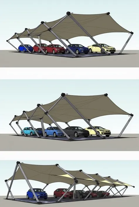 Parking cover tensile structure 
8 square steel tubes on ballast 
Sloped panel roof 
6 parking spaces 