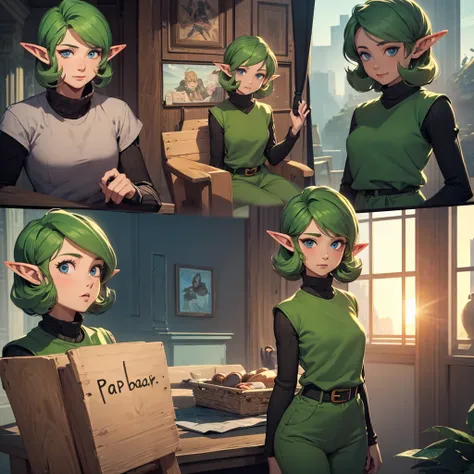 saria (the legend of zelda), she looks like an adult, blue eyes, short curly green hair, long pointy elf ears, looking at viewer, she is saying "Papa bear" in a speech bubble