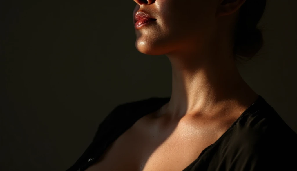 A dramatic photorealistic profile 3 quarter angle shoot, crop shoot, focus on breast area, neck and little bit chin area, fair breast, cleavage exposed, black low dress, outdoor lightning posing naturally on clean background. dramatic soft shadow, diffused...