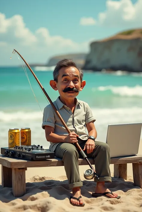  A small man with a mustache who is fishing on the seashore.  Next to him he has a row of beers , a DJ sound mixer and a laptop . 