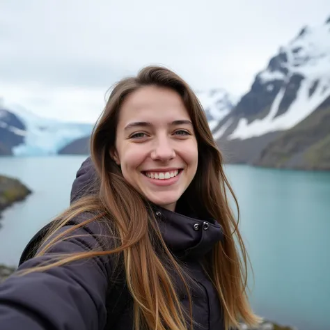 a mathematics student, (female), 25 year old, european, brown hair, hyperrealistic, ultrahd, 4k, smiling, taking a selfie in greenland