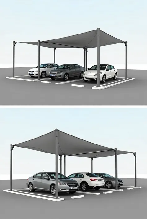 Parking cover tensile structure 
8 square steel tubes on curbs h 400 mm
Sloped panel roof 
6 parking spaces 