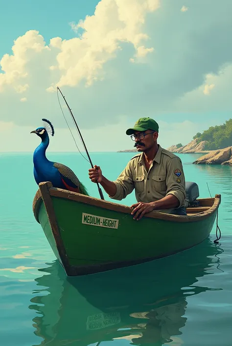 Dark-skinned fisherman ,without hair and with green cap ,  uniform long sleeve labeled  , some weight,  with glasses and mustaches ,  in his green boat with the name of "medium-height "  fishing for a large peacock  