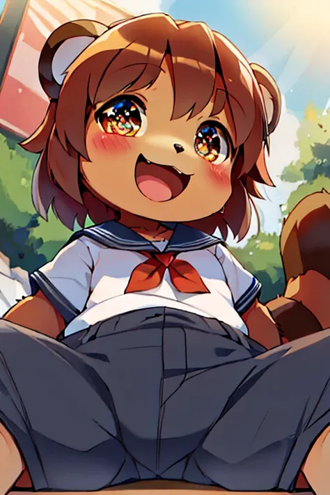 girl, tanuki, furry, bodyfur, tail, school uniform, short sleeves, jersey pants, long pants, white gloves, barefoot, chibi, sparkling eyes, happy, full body, looking below, from below, spread legs