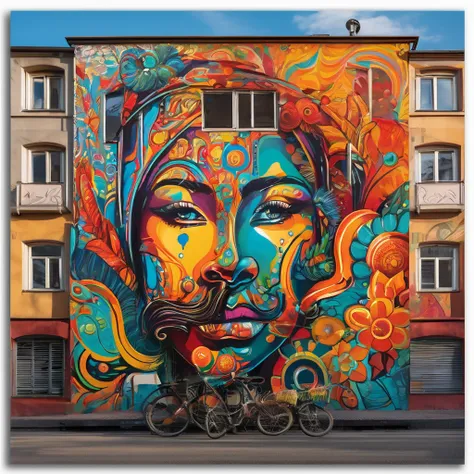 A vibrant street art scene in Moscow, with bold colors and intricate designs, captured in a dynamic and edgy style.