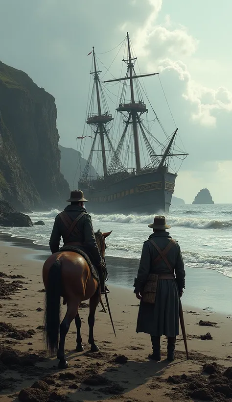 two Spanish ships  ((( of the invincible navy and completely destroyed on an Irish beach))) .On the beach, two English soldiers with horses observe the wreck 