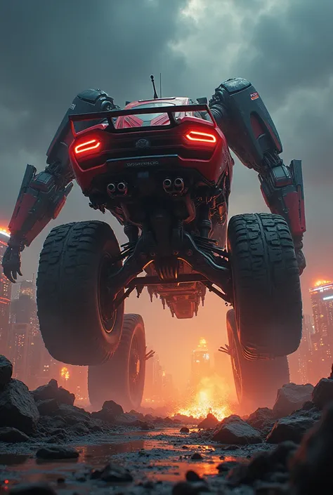 "A hyper-realistic and hyper-detailed depiction of a race car transformed into a giant mechanical monster, with its wheels turning into steel claws and the engine emitting a monstrous roar. The car-monster crushes everything in its path while tearing throu...