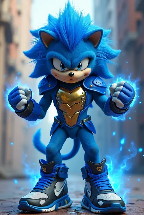 A blue-colored humanoid male lion , Skinny and tall , with blue eyes and mane ,  clenched fists from which blue lights emanate ,  dressed in Blue Armor , Gold that covers the chest .  Feet wearing Nike Blue and Black running shoes .  She is as happy as Son...