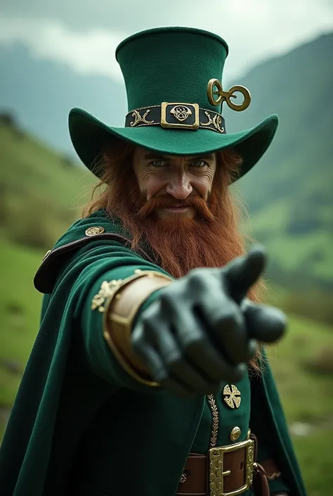 I want a leprechaun with a big evil hat with gloves, the one on the left that is made of wool and the other with an iron glove.
And let him hit with the iron glove