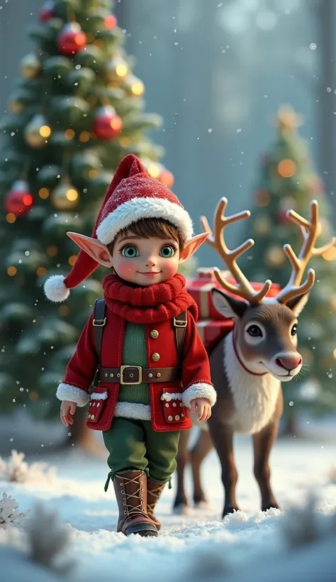 ( extremely detailed CG Unity 8k wallpaper ), (ultra-Detallado), 
 Little elf boy from the fantasy forest with big bright green eyes , long eyelashes,  small nose , He walks through the snow to the front . At her side ,  tied by a rope to a silky haired re...