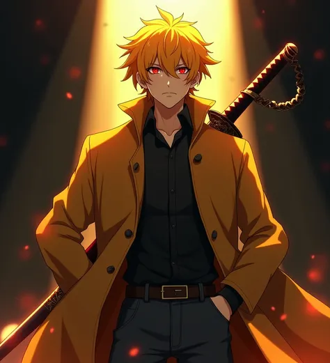 " A mysterious and powerful anime-style ,  with bright yellow hair and intense red eyes that exude determination and strength.  He wears a long burnt yellow overcoat over a blouse and simple jeans ,  man with an ornate sword resting on his back , rarely us...