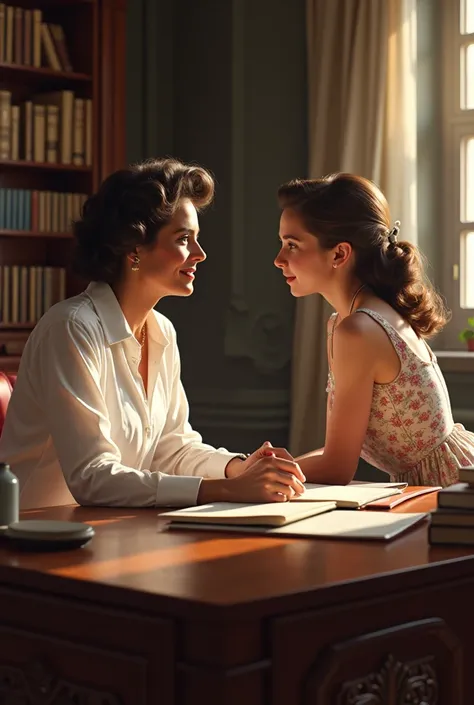 Elizabeth Taylor, white blouse, smiling, talking to a teenage girl Amber Heard who is wearing a flower dress at a at a desk in a study.