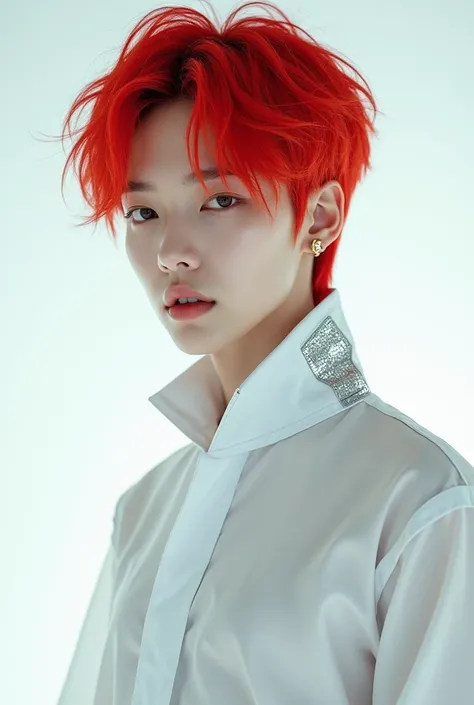 Male Korean idol red hair Cyber White white blouse silver details on the sleeves