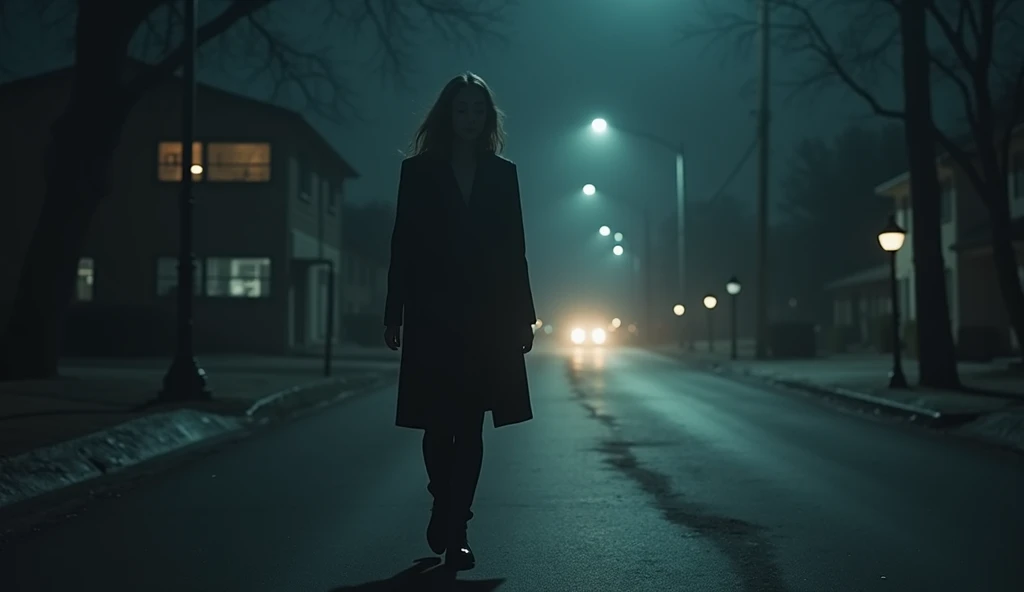 Woman walking alone down a deserted street at night , with a serious look,  reflecting on the relationship between faith and hypocrisy in gospel society