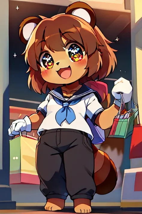 girl, tanuki, furry, bodyfur, tail, school uniform, short sleeves, jersey pants, long pants, white gloves, barefoot, chibi, sparkling eyes, happy, full body, looking below, shopping mall