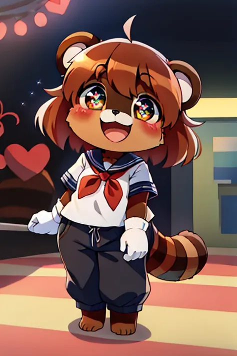 girl, tanuki, furry, bodyfur, tail, school uniform, short sleeves, jersey pants, long pants, white gloves, barefoot, chibi, sparkling eyes, happy, full body, looking below, shopping mall