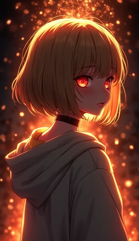  Anime 2d art : bob haircut, женщина from behind, from behind, красивая женщина блондинка со стрижкой каре turned around, dark red eyes glow red from the inside ,transparent tears, straight golden hair cut under the square, white oversized hoodie , white h...