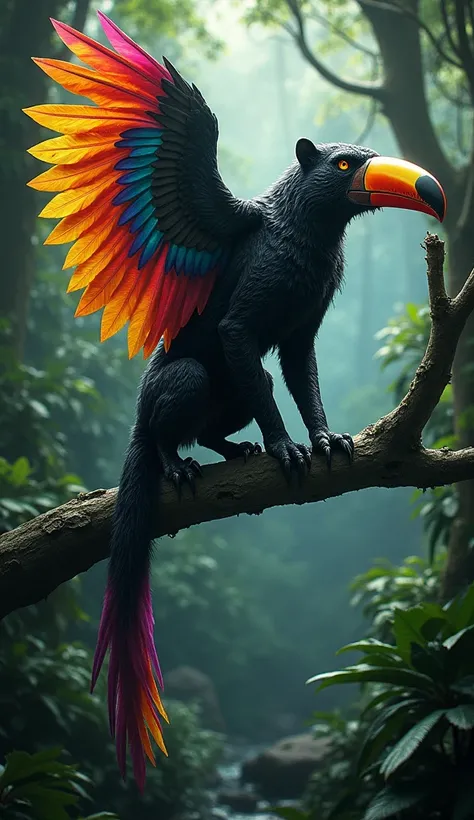 "Design a terrifyingly realistic hybrid creature that combines the vivid colors of a toucan with the stealth and power of a jaguar. This creature should have the sleek, muscular body of a jaguar, covered in glossy black fur, but its wings are large, vibran...