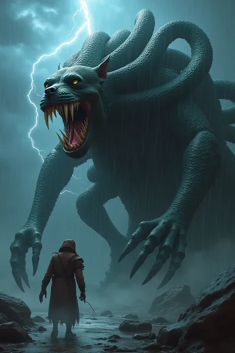 Mutant hybrid of a giant hydra with the head of a furious pit bull and roaring on a stormy night