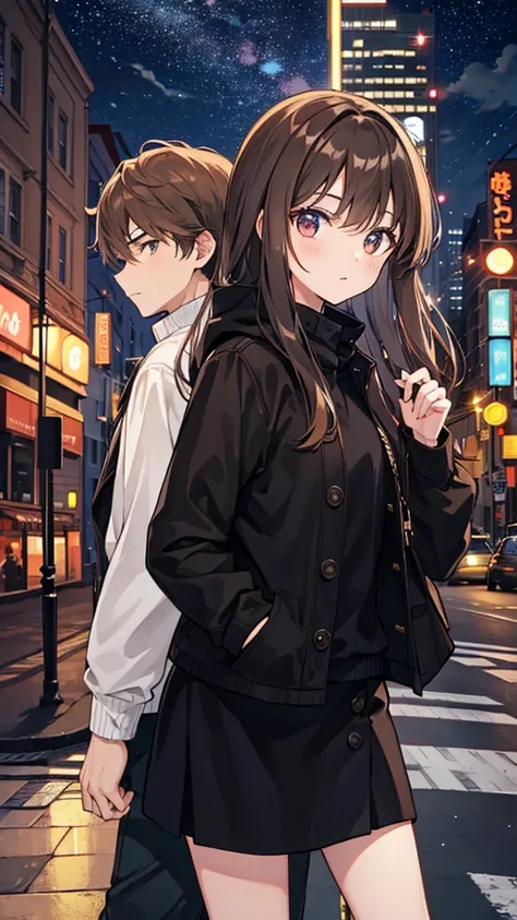 1 brown haired male , 1 brown haired female, in a city, night time , looking at stars, wearing black clothes, (ultra high quality)