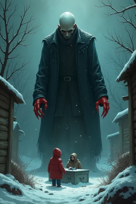 Absolutely Bald Evil Grandfather Frost with Red Hands  
As he looms from above, a chilling presence,  
Looks Down on a poor family of two,  
Standing Around a cheap zinc coffin,  
The Scene is heavy with despair,  
A Dark Atmosphere envelops the image,  
E...