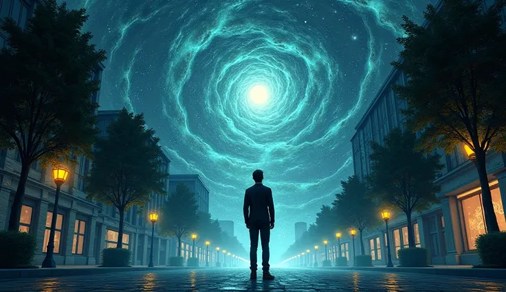 Create a mystical scene  
of a modern man at the streets  and looking at the sky, intricately designed, creating a sense of enchanting energy. Aerial view, bending, dreamy, ethereal, fantastic, The background should be dark and ethereal, with swirling patt...