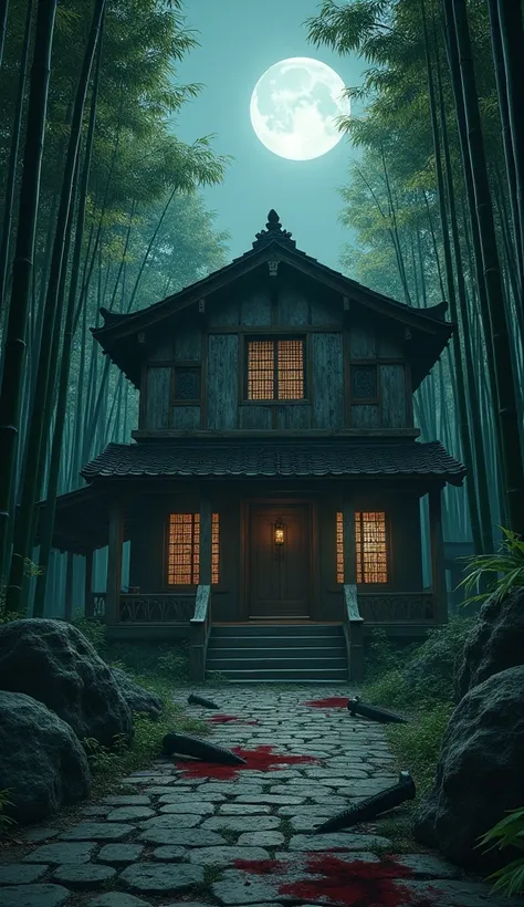 In the highest quality, an old, decaying mansion stands quietly in a serene bamboo grove. Swords and bloodstains are scattered across the floor, and moonlight filters through the cracked shoji.