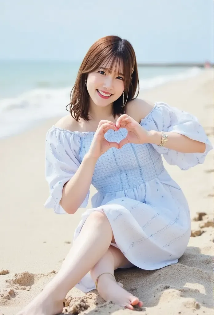 barefoot,  making a heart shape with both hands ,woman sitting on sandy beach with her knees bent , photorealism ,   young japan...