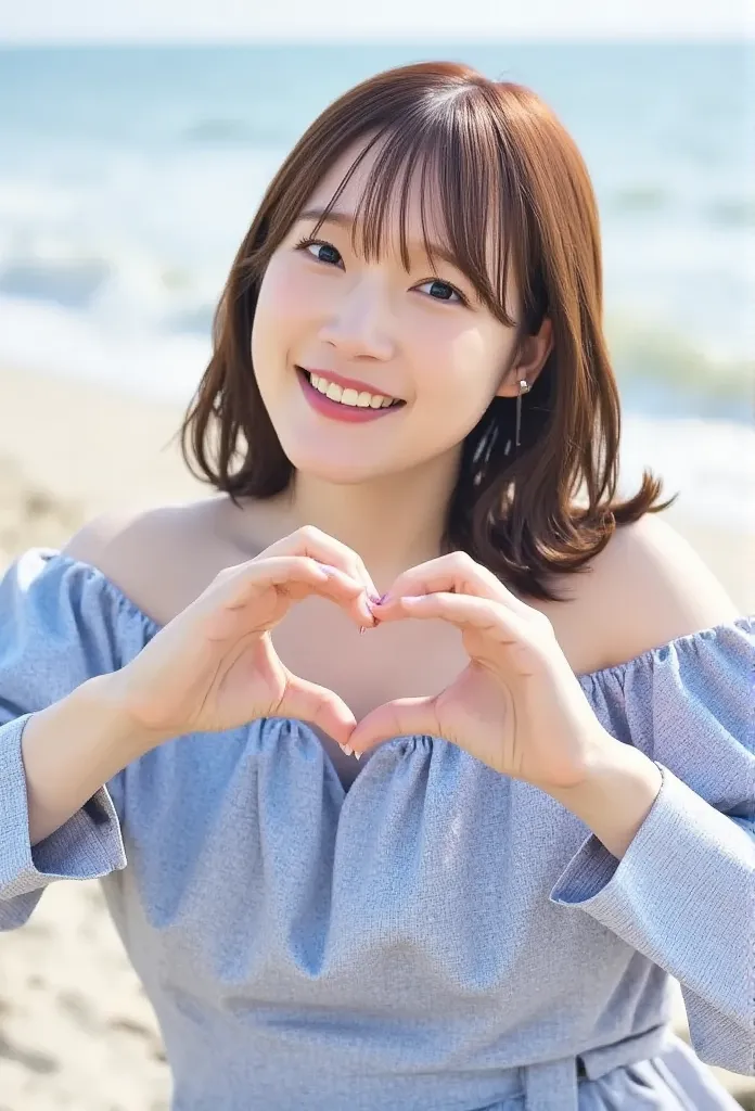 barefoot,  making a heart shape with both hands ,woman sitting on sandy beach with her knees bent , photorealism ,   young japan...