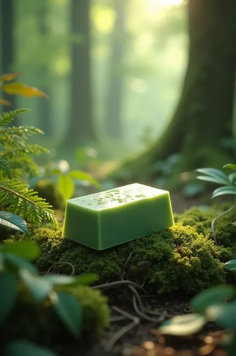 Handmade soap in the color green 
With the background of a forest 