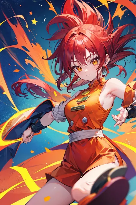 dragon ball, cute saiyan girl, little young, crimson hair, yellow eyes, , smile, electricity, aura, energy, focus on face, combat outfit