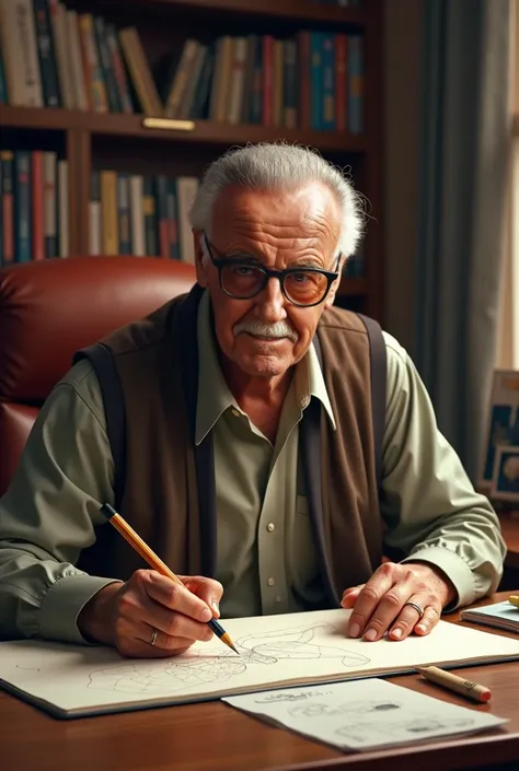  An image of Stan Lee  (The one in the photo )  sitting at his desk doing sketches of Spiderman comics.