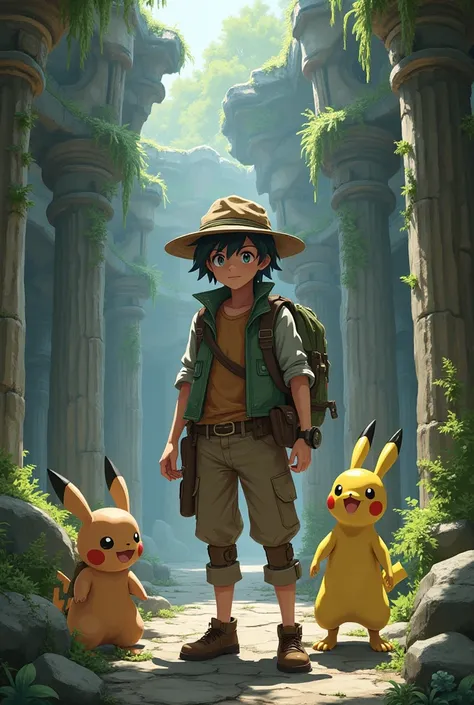  Character Pokemon trainer historian, dynamic pose, Scenery ruins
