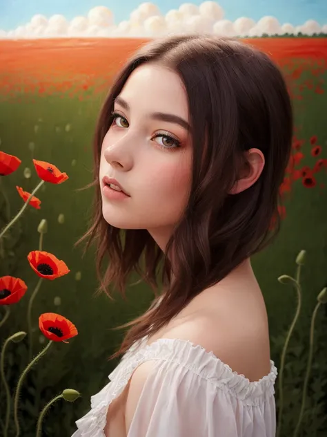 [front shoulder portrait] [colorful deep, nature] 1teen dreamy Florentine with big eyes and short red hair, poppy field ((Renuir style)), (( oil painting )), A very colorful  ,  highest detail, ((masterpiece)),
 ((Single shot)), impression, perspective, 8k