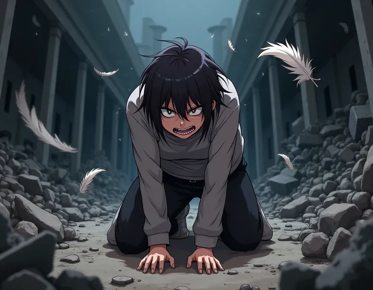 Anime style depiction of a character kneeling amidst rubble, punching the ground with visible anger and frustration. Around them, the scene is filled with destruction and chaos, with debris scattered everywhere. Feathers are floating gently in the air, con...