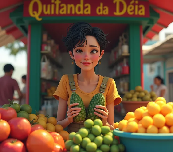 Asian woman with ,  short hair, smiling,  multitasking and troubled,  at a fruit stand,  holding pineapple and cucumber, Name of the tent :  Quitanda da Déia 
